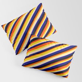 [ Thumbnail: Eye-catching Red, Yellow, Beige, Blue & Black Colored Striped Pattern Pillow Sham ]