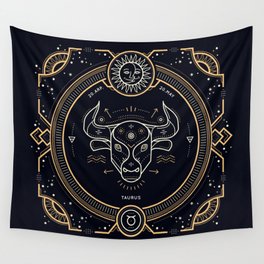 Taurus Zodiac Gold White Black Background Wall Tapestry