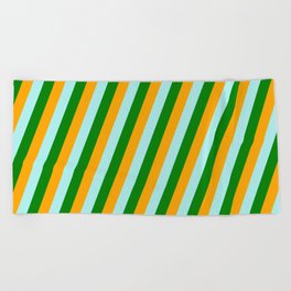 [ Thumbnail: Orange, Turquoise, and Green Colored Lined Pattern Beach Towel ]