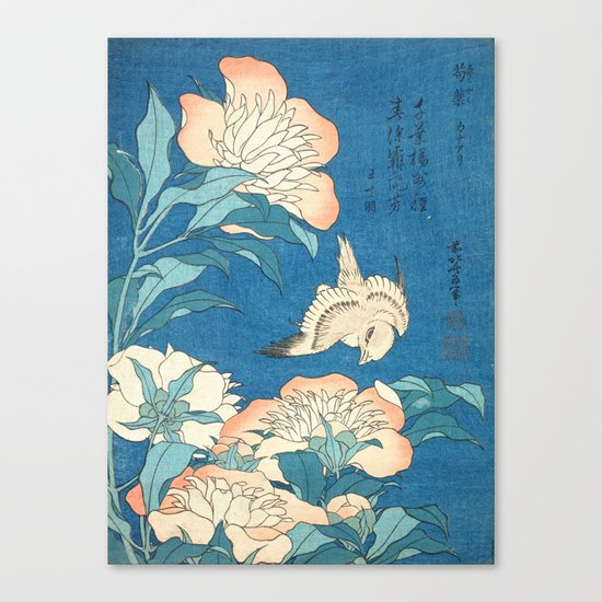 Japanese Flowers Turquoise Peach Canvas Print