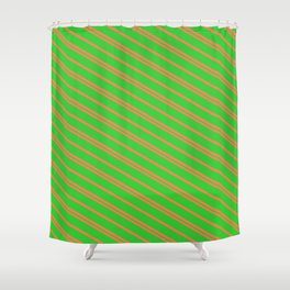 [ Thumbnail: Coral and Lime Green Colored Lined Pattern Shower Curtain ]