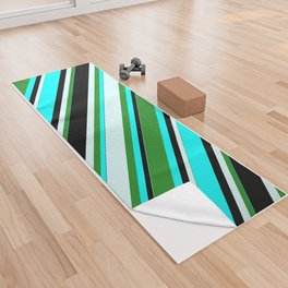 [ Thumbnail: Aqua, Forest Green, Light Cyan, and Black Colored Lines/Stripes Pattern Yoga Towel ]
