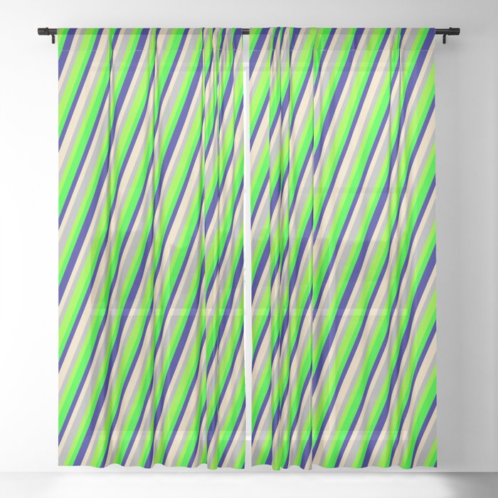 Eye-catching Dark Gray, Green, Lime, Blue & Tan Colored Pattern of Stripes Sheer Curtain
