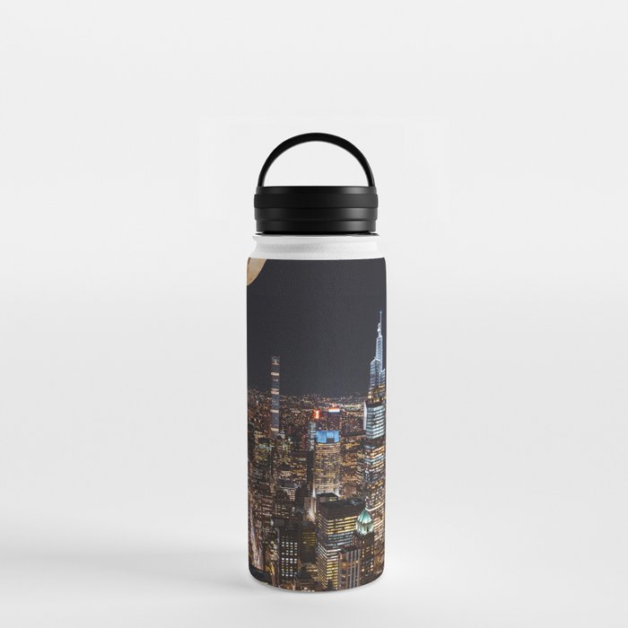 New York City Full Moon | NYC Skyline at Night | Photography and Collage Water Bottle