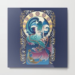 Blue Mermaid with anchor art nouveau design Metal Print | Sea, Artnouveau, Mermaid, Waves, Water, Design, Fantasy, Beautiful, Girl, Vintage 