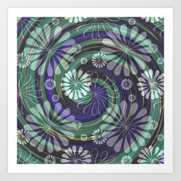 Floating White Flowers Over Green and Purple Swirls Art Print