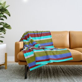 [ Thumbnail: Colorful Green, Royal Blue, Dark Red, Cyan & Lavender Colored Lined Pattern Throw Blanket ]