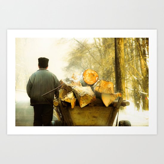 Farmer and Wood Cart in Moldova, Romania Art Print