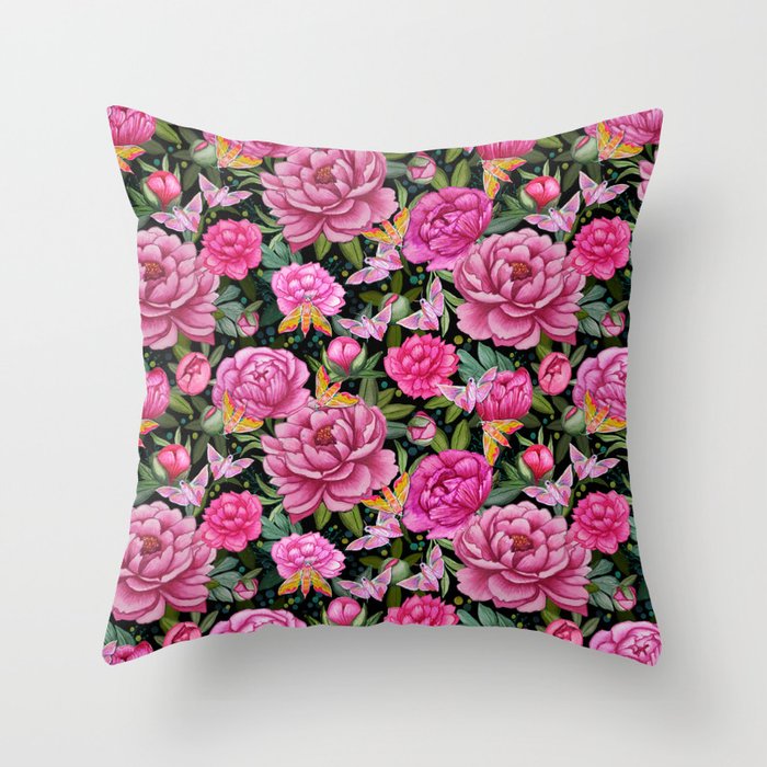 Pink peony and butterfly art Throw Pillow