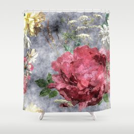 art vintage watercolor colorful floral seamless pattern with big red peony, leaves and grasses on dark background Shower Curtain