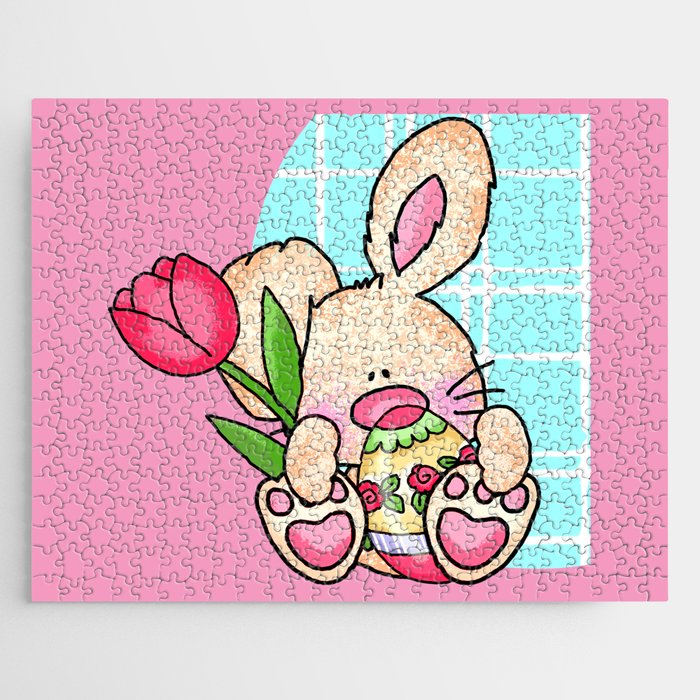  Cute Easter Bunny Holding Egg And Easter Tulip Jigsaw Puzzle