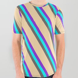 [ Thumbnail: Purple, Cyan, Dim Gray & Tan Colored Lined/Striped Pattern All Over Graphic Tee ]