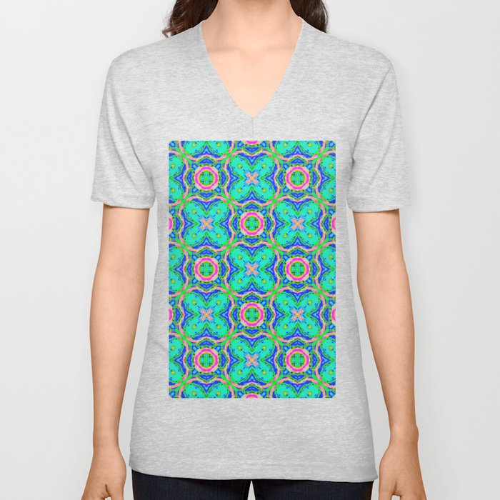 Moroccan Pink and Turquoise Tiles V Neck T Shirt