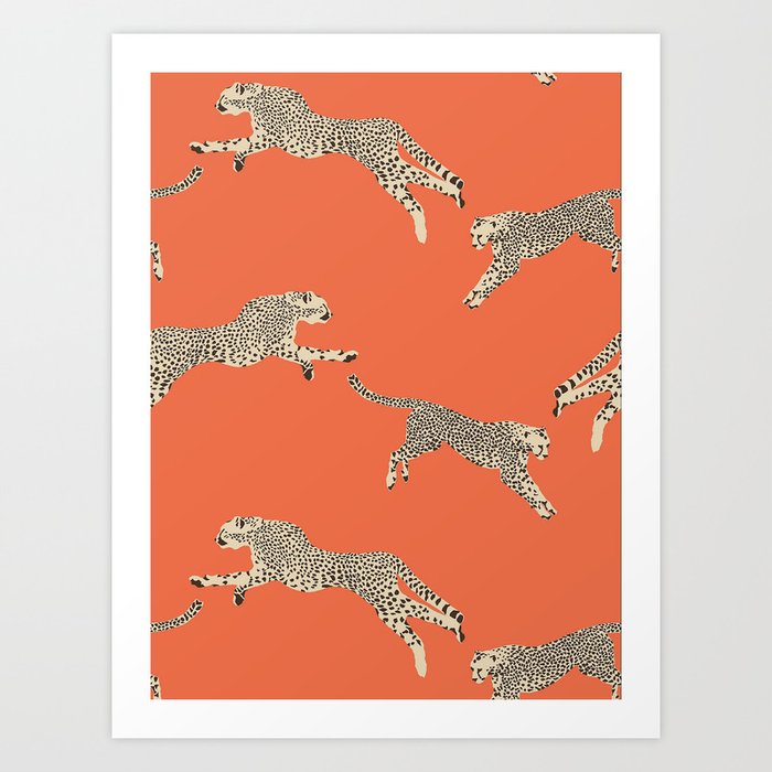 Leaping Cheetahs Tangerine Art Print