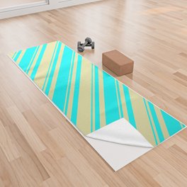 [ Thumbnail: Pale Goldenrod and Cyan Colored Striped/Lined Pattern Yoga Towel ]