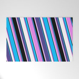 [ Thumbnail: Deep Sky Blue, Dark Slate Blue, Violet, White & Black Colored Lines/Stripes Pattern Welcome Mat ]