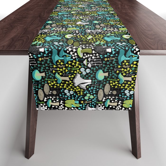 Mid century Mushrooms - Black Teal Yellow Grey Green Table Runner