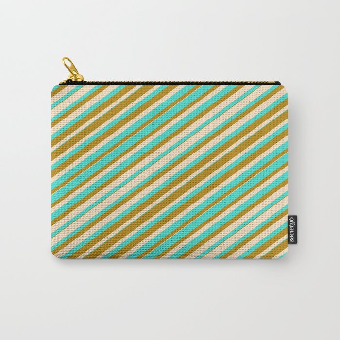 Bisque, Turquoise, and Dark Goldenrod Colored Lines Pattern Carry-All Pouch