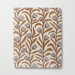 Bellflower Pattern / Brown, Ivory & Grey Metal Print | Herbs, Colored Pencil, Foliage, Organic, Neutral, Flower, Pastel, Repeat, Fall, Hand Drawn 