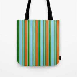 [ Thumbnail: Chocolate, Aquamarine, Sky Blue & Green Colored Stripes Pattern Tote Bag ]
