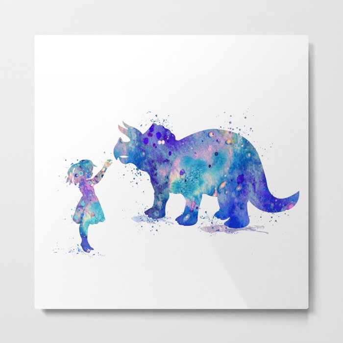 Girl and Dinosaur Triceratops Colorful Watercolor Silhouette Metal Print
