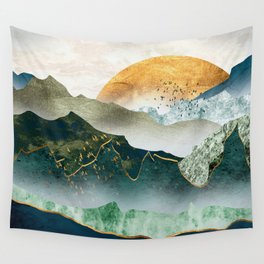 Mystical Mountain Sun Golden Green Wall Tapestry
