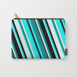 [ Thumbnail: Dark Cyan, Aqua, Mint Cream, and Black Colored Striped Pattern Carry-All Pouch ]