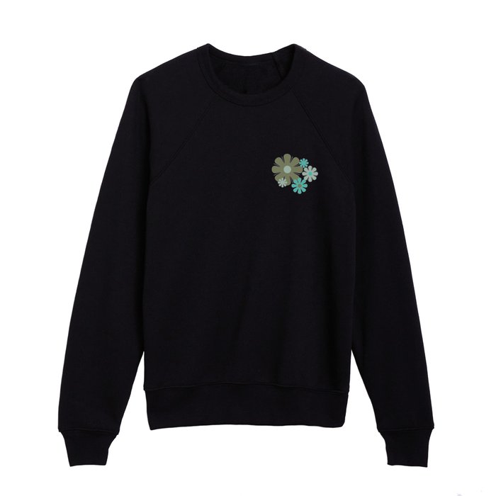 Flower Locus Retro 1960s and 70s Floral Pattern in Vintage Olive Green and Celadon Blue Kids Crewneck