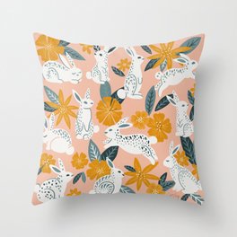 Bunnies & Blooms – Teal & Blush Throw Pillow