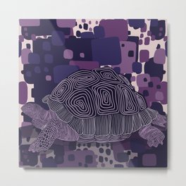 Sweet tortoise on a purple block patterned background Metal Print