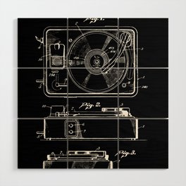 Turntable Patent - White on Black Wood Wall Art