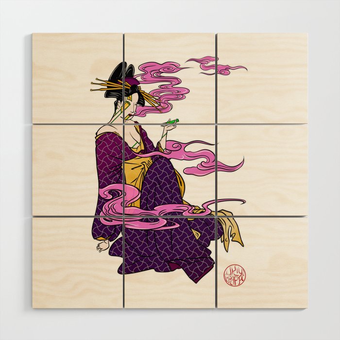 Bijinga - Smoking woman in kimono Wood Wall Art