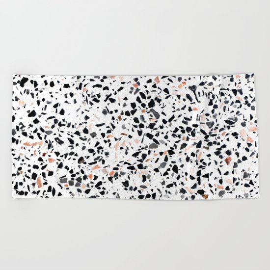 Terrazzo Stone Pattern Black and Orange Peach Beach Towel