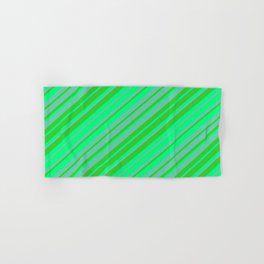 [ Thumbnail: Aquamarine, Lime Green & Green Colored Striped/Lined Pattern Hand & Bath Towel ]