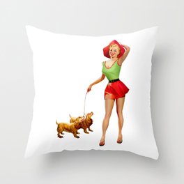 Sexy Blonde Pin Up With Green Dress Red Skirt And Two Dogs Throw Pillow