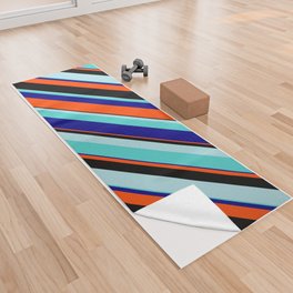 [ Thumbnail: Eye-catching Powder Blue, Turquoise, Blue, Red, and Black Colored Lined/Striped Pattern Yoga Towel ]