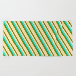 [ Thumbnail: Cyan, Green, and Tan Colored Striped Pattern Beach Towel ]