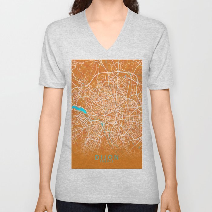 Dijon, France, Gold, Blue, City, Map V Neck T Shirt