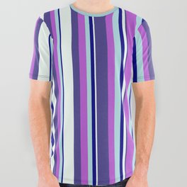 [ Thumbnail: Colorful Blue, Powder Blue, Orchid, Dark Slate Blue & Mint Cream Colored Lined/Striped Pattern All Over Graphic Tee ]