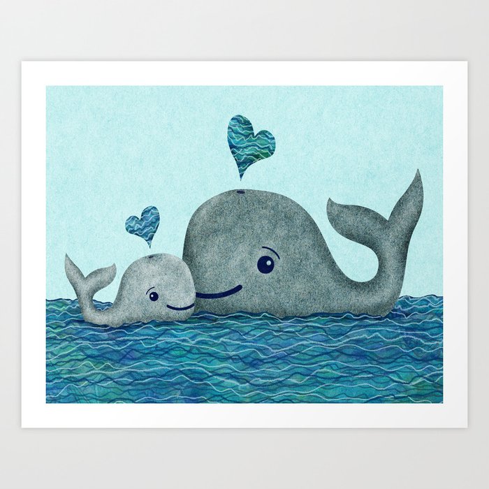 Whale Mom and Baby with Hearts in Gray and Turquoise Art Print