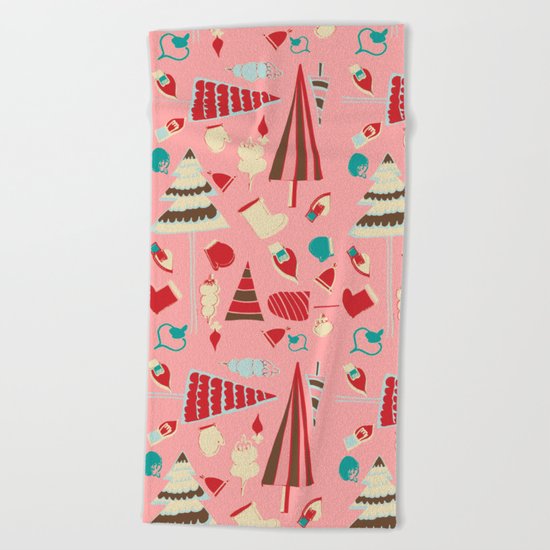 Vintage Christmas Pink Beach Towel