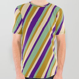 [ Thumbnail: Tan, Indigo, Dark Sea Green, and Dark Goldenrod Colored Stripes/Lines Pattern All Over Graphic Tee ]