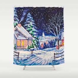 Snowy winter landscape. Country House. Christmas holidays. Forest with pine trees. Watercolor painting.  Shower Curtain
