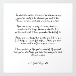 Life quote, F. Scott Fitzgerald Quote, For what its worth... Art Print