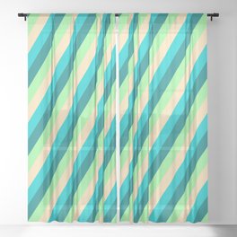 [ Thumbnail: Teal, Green, Beige, and Dark Turquoise Colored Striped/Lined Pattern Sheer Curtain ]