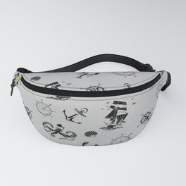 Light Grey And Black Silhouettes Of Vintage Nautical Pattern Fanny Pack
