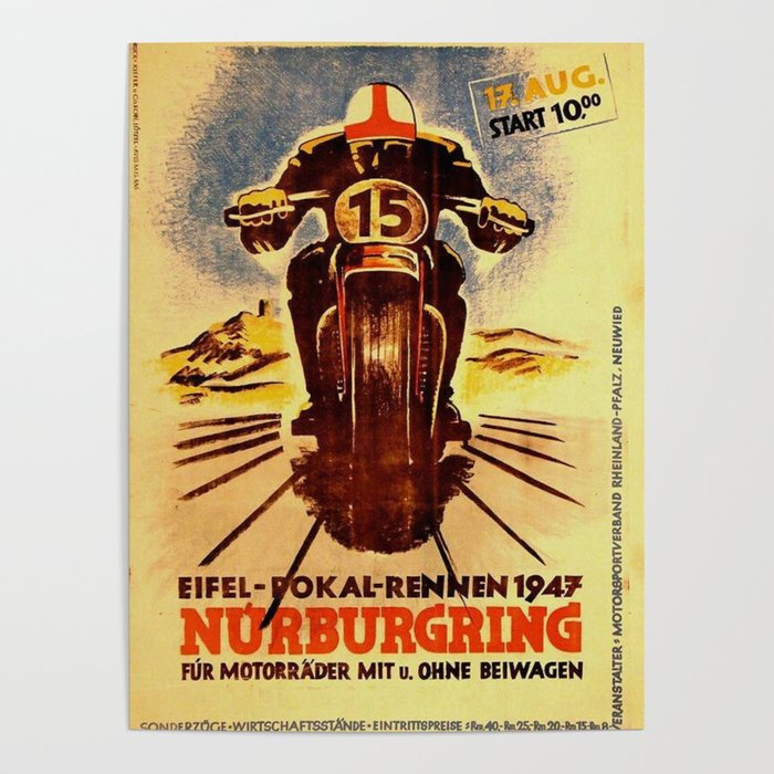 Vintage Nurburgring Nordschleife Motorcycle Racing Poster, Circa 1947 Poster