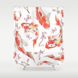 Watercolor oriental pattern with rainbow carps. Seamless oriental texture with isolated hand drawn fishes and blossom cherry. Asian natural background in Shower Curtain