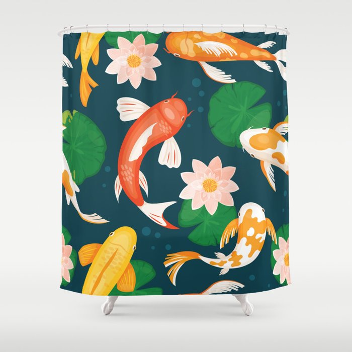 Koi carp fishes swim in blue water with pink lotus lily flowers  Shower Curtain