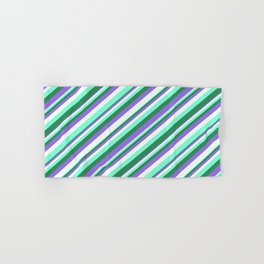 [ Thumbnail: Purple, Mint Cream, Aquamarine & Sea Green Colored Striped Pattern Hand & Bath Towel ]